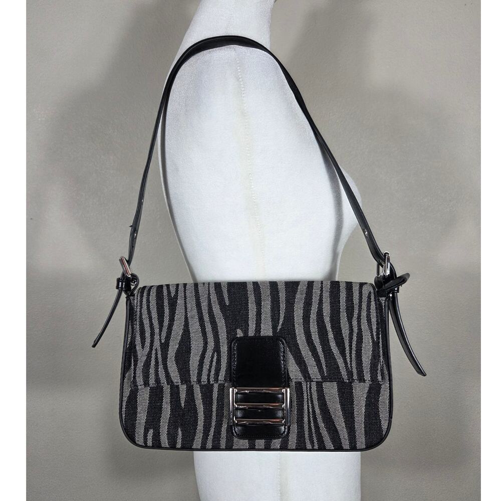 Zebra Print Baguette Shoulder Crossbody Bag Black & White